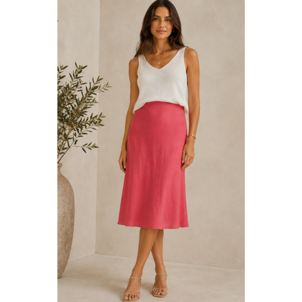 Eileen Fisher Pink Linen Blend Bias Cut Midi Skirt Sz L Minimalist Quiet Luxury